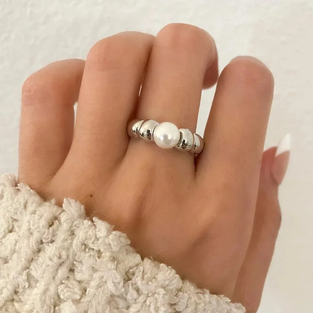 925 Sterling Silver Minimalist Ring Pearl Ring Croissant Ring Pearl Accent Ring